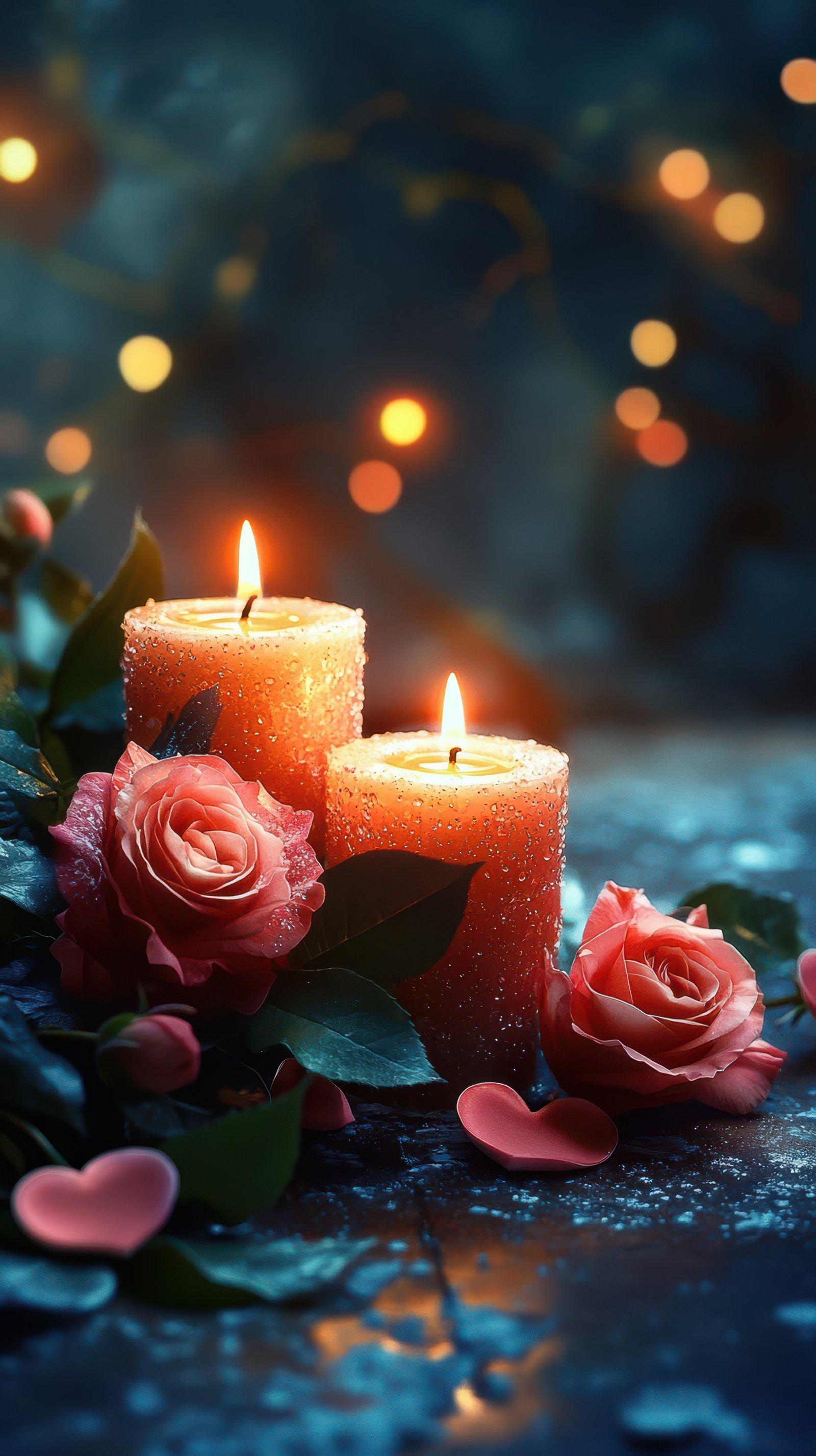 Softly glowing candles and fresh roses create a romantic ambiance for a special evening celebration